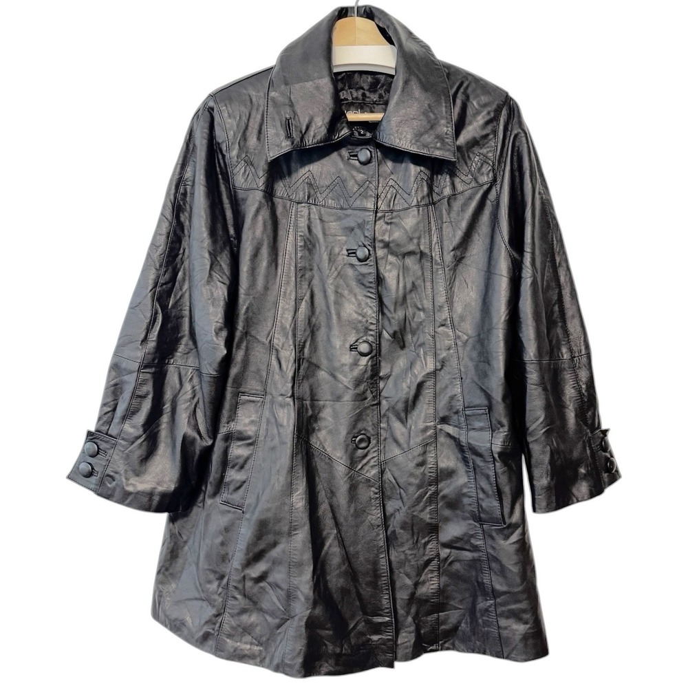 Vintage MacLean Black Leather Button Front Collared Trench Coat Baggy A-Line 2‎